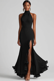Leely Women Elegant Black Halter Sheath Formal Dress with Slit Ruffled Sleeveless Evening Formal Dress