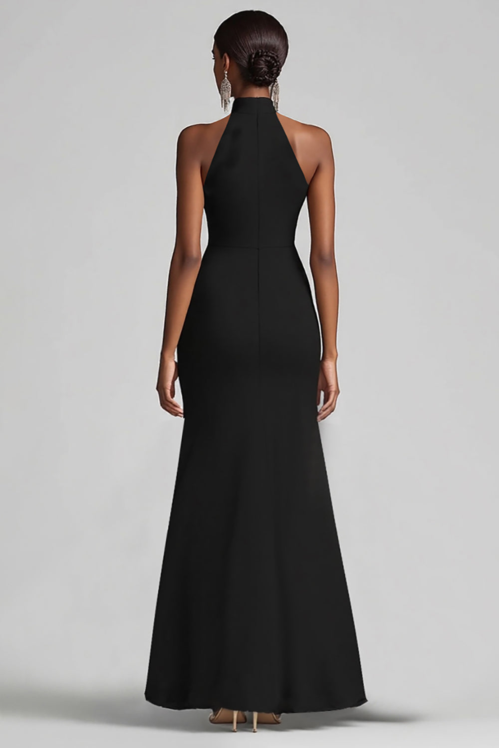 Halter Sleeveless Sheath Ruffled Black Tie Dress with Slit