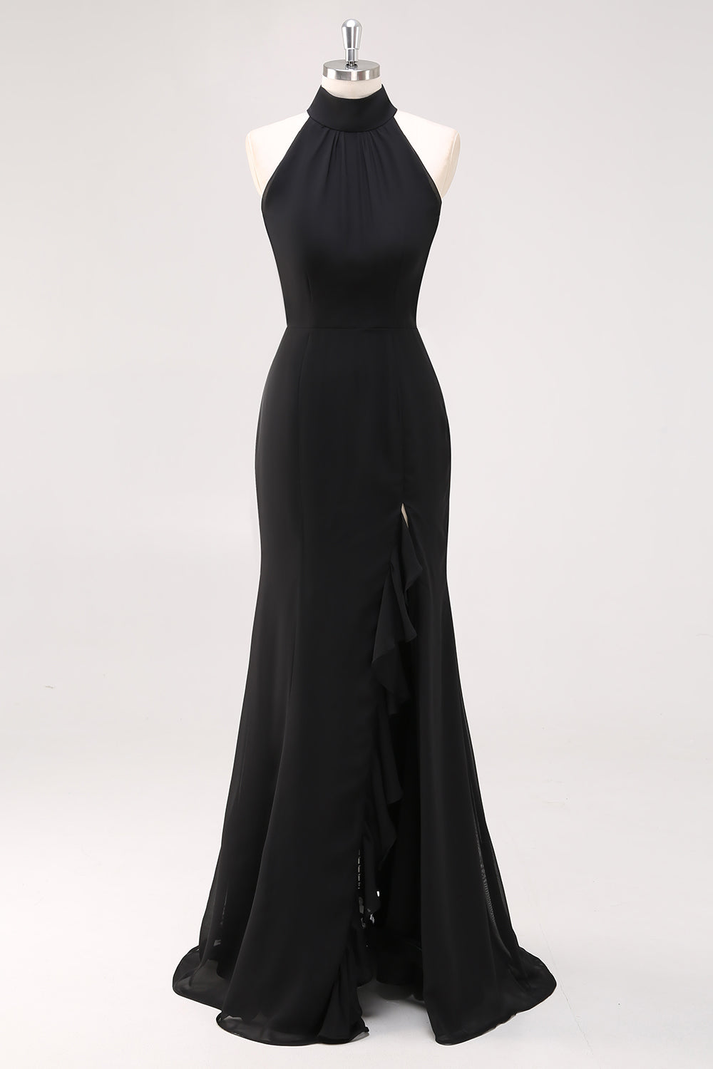 Halter Sleeveless Sheath Ruffled Black Tie Dress with Slit