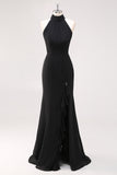 Halter Sleeveless Sheath Ruffled Black Tie Dress with Slit