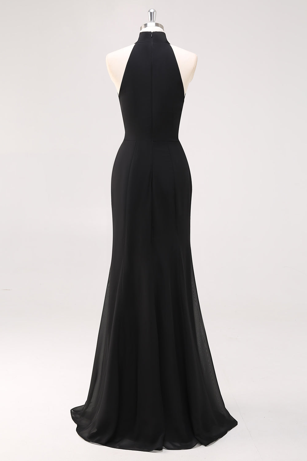 Halter Sleeveless Sheath Ruffled Black Tie Dress with Slit