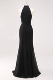 Halter Sleeveless Sheath Ruffled Black Tie Dress with Slit