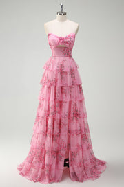 Blush Corset Floral Tiered A-Line Prom Dress with Slit