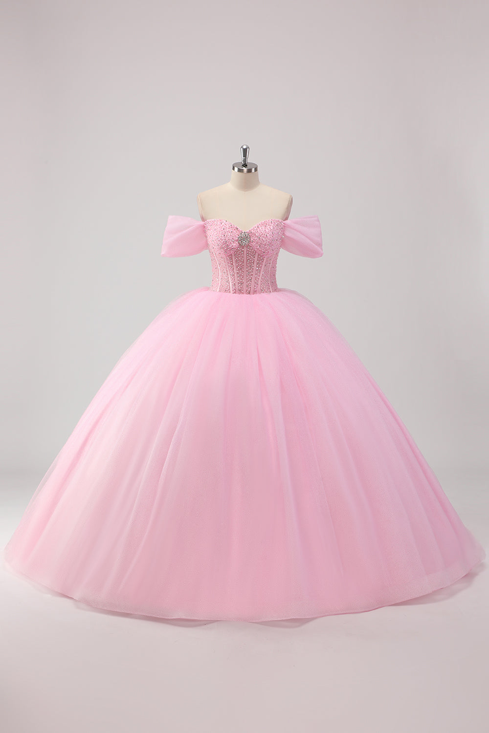 Princess Pink Ball Gown Off the Shoulder Beaded Corset Quinceañera Dress