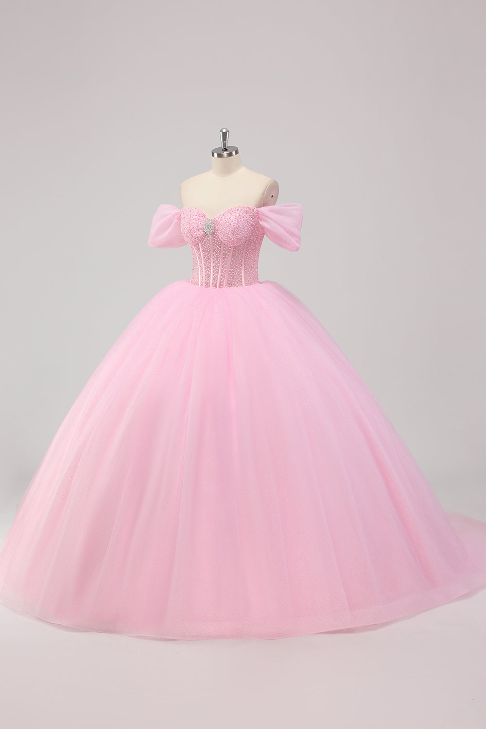 Princess Pink Ball Gown Off the Shoulder Beaded Corset Quinceañera Dress
