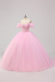 Princess Pink Ball Gown Off the Shoulder Beaded Corset Quinceañera Dress