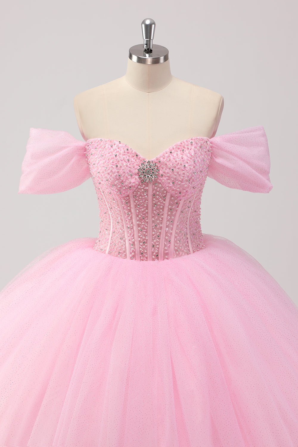Princess Pink Ball Gown Off the Shoulder Beaded Corset Quinceañera Dress