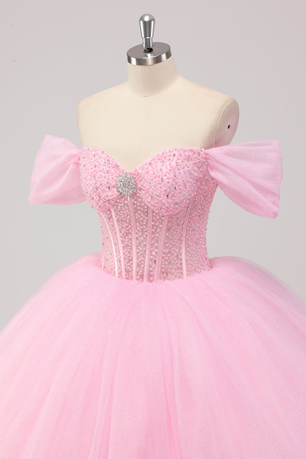 Princess Pink Ball Gown Off the Shoulder Beaded Corset Quinceañera Dress