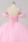 Princess Pink Ball Gown Off the Shoulder Beaded Corset Quinceañera Dress