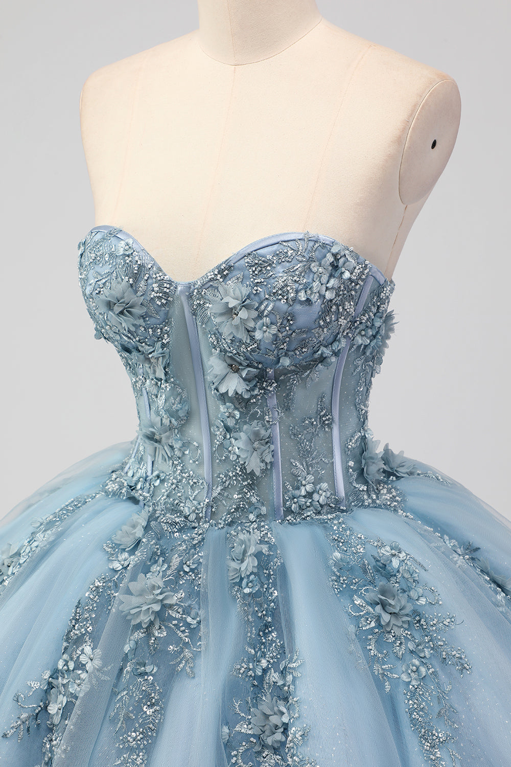 Grey Blue Corset Applique Ball Gown Quinceañera Dress