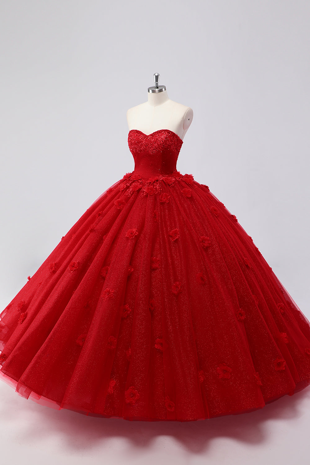Glitter Red Sweetheart 3D Flower Ball Gown Quinceañera Dress