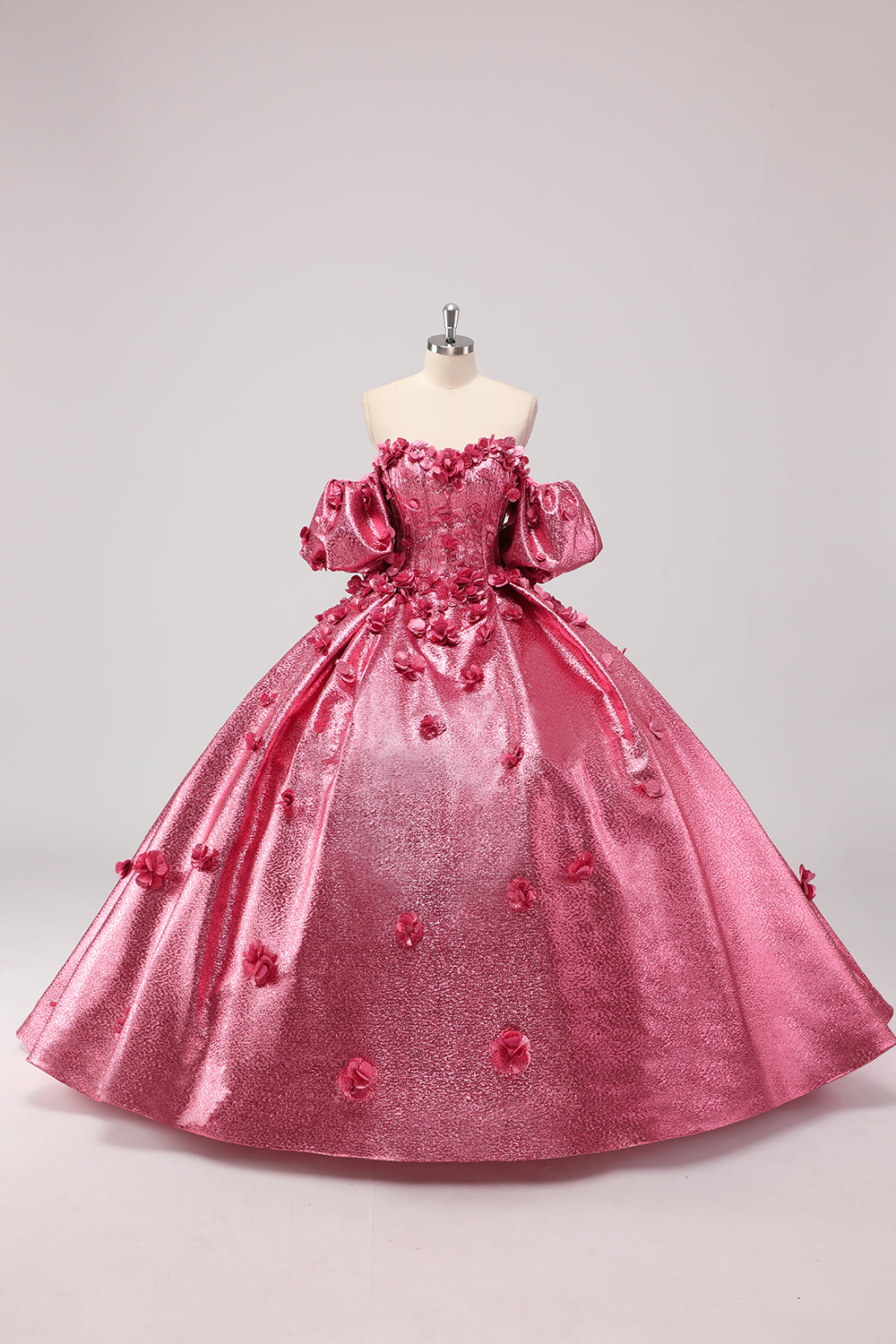 Fuchsia Sweetheart 3D Flower Ball Gown Quinceañera Dress with Puff Sleeves