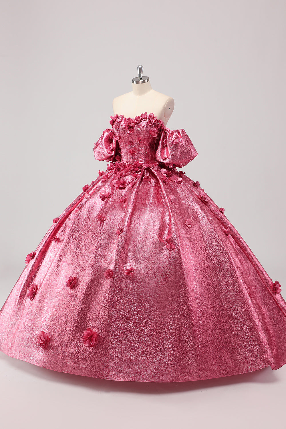 Fuchsia Sweetheart 3D Flower Ball Gown Quinceañera Dress with Puff Sleeves