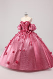 Fuchsia Sweetheart 3D Flower Ball Gown Quinceañera Dress with Puff Sleeves