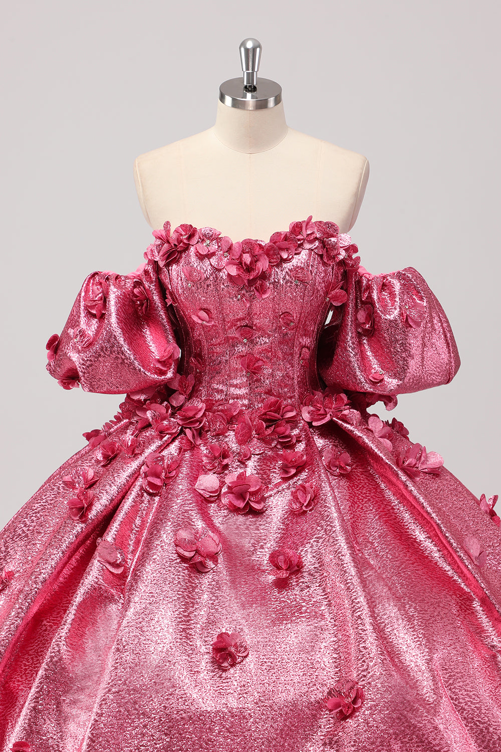 Fuchsia Sweetheart 3D Flower Ball Gown Quinceañera Dress with Puff Sleeves