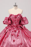 Fuchsia Sweetheart 3D Flower Ball Gown Quinceañera Dress with Puff Sleeves