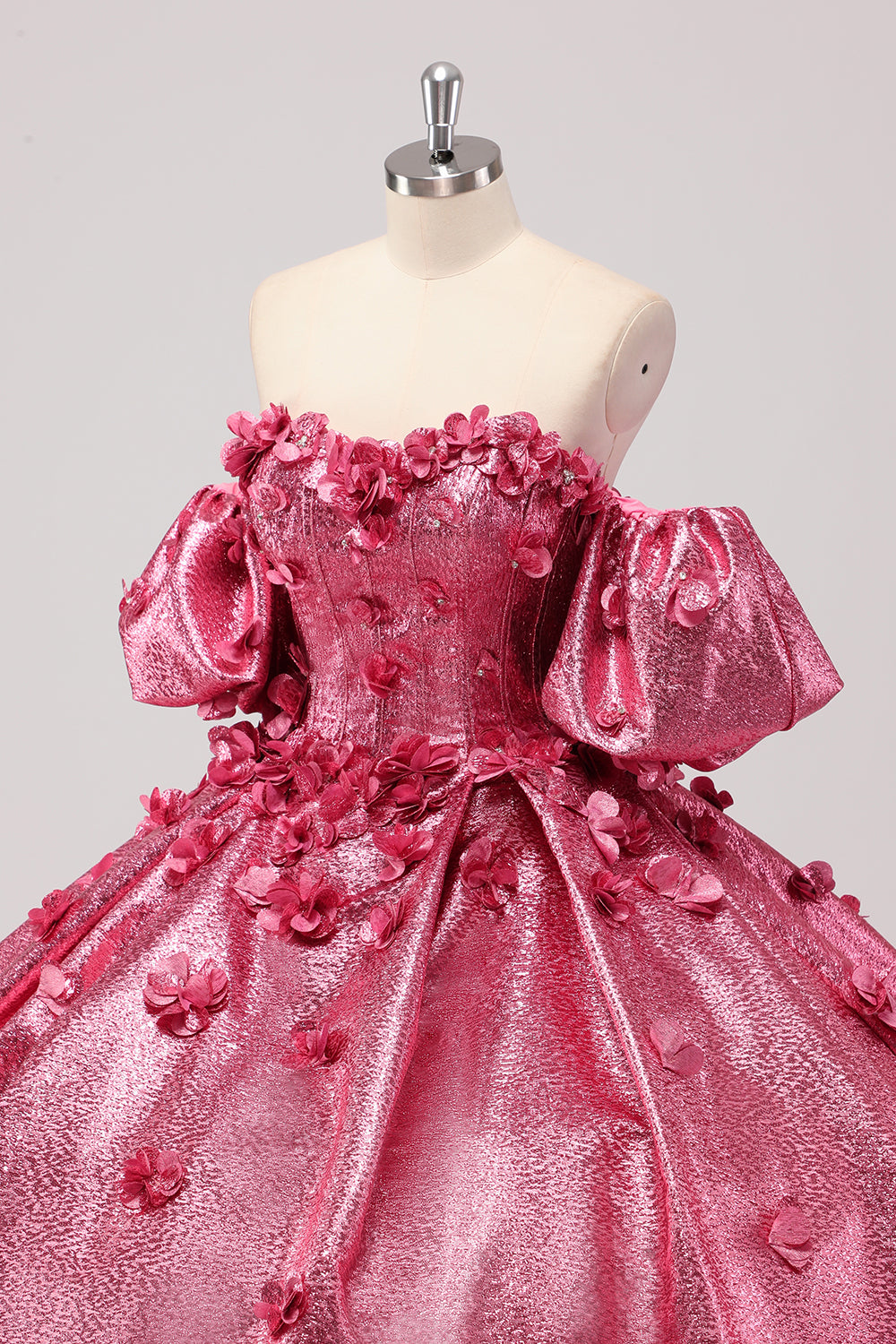 Fuchsia Sweetheart 3D Flower Ball Gown Quinceañera Dress with Puff Sleeves
