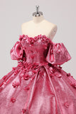 Fuchsia Sweetheart 3D Flower Ball Gown Quinceañera Dress with Puff Sleeves