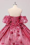 Fuchsia Sweetheart 3D Flower Ball Gown Quinceañera Dress with Puff Sleeves