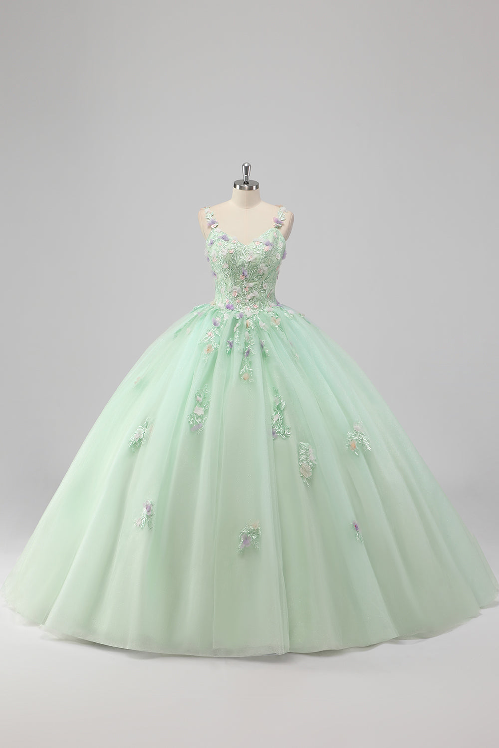 Green Spaghetti Straps 3D Flower Ball Gown Quinceañera Dress