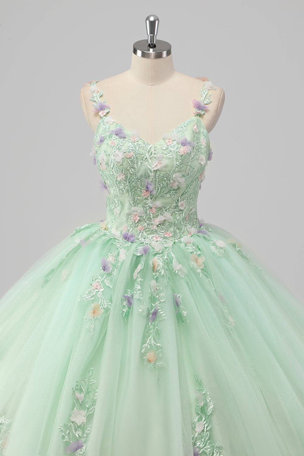 Green Spaghetti Straps 3D Flower Ball Gown Quinceañera Dress