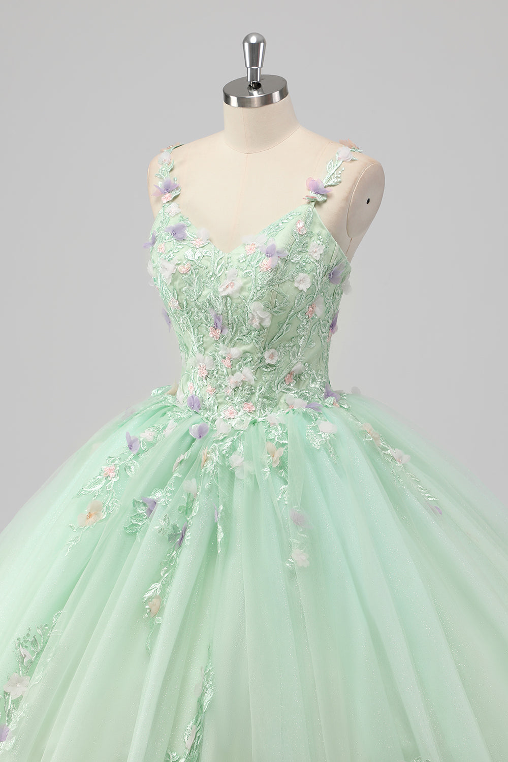 Green Spaghetti Straps 3D Flower Ball Gown Quinceañera Dress