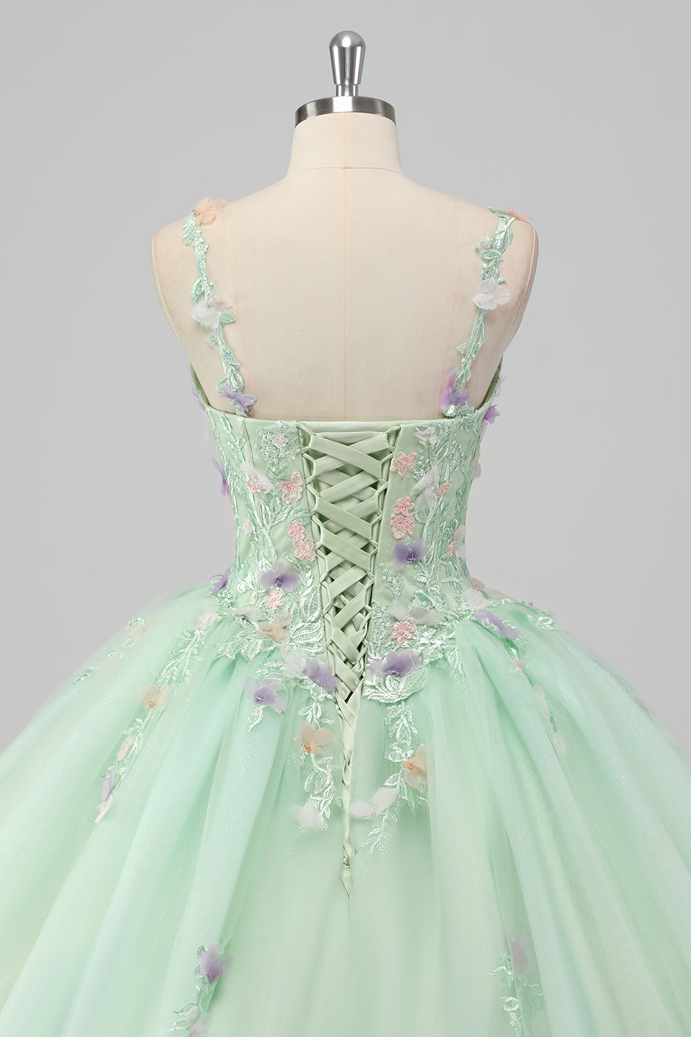 Green Spaghetti Straps 3D Flower Ball Gown Quinceañera Dress