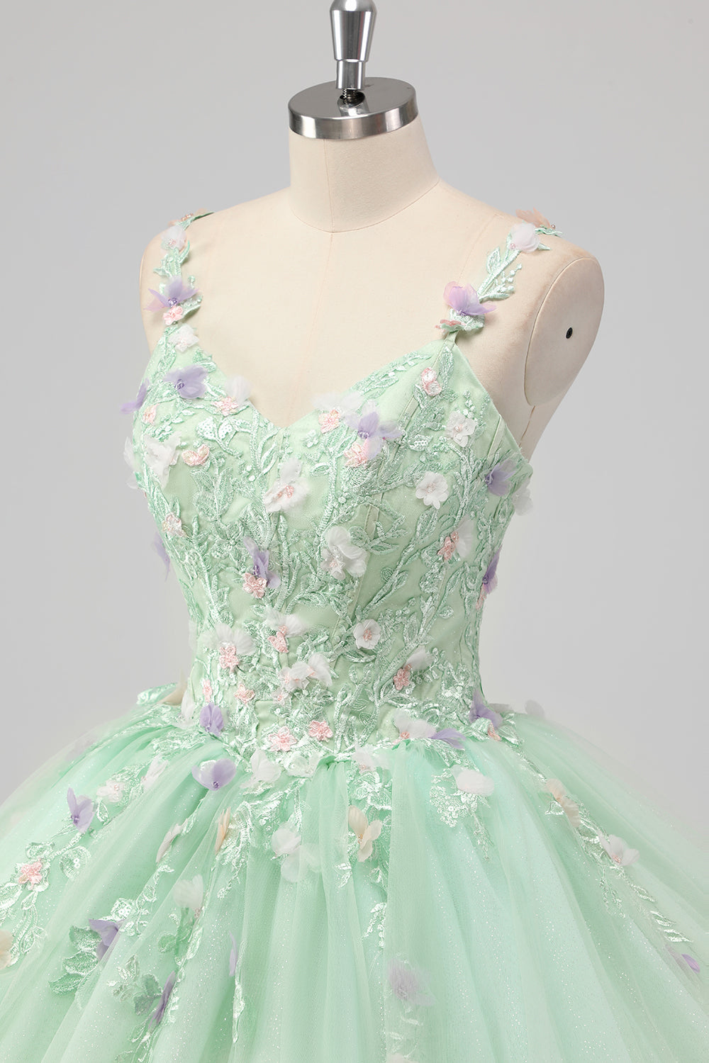 Green Spaghetti Straps 3D Flower Ball Gown Quinceañera Dress