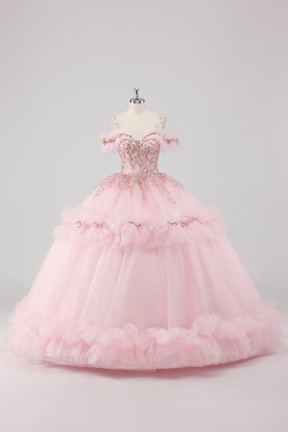 Blush Cold Shoulder Corset Ruffles Beaded Ball Gown Quinceañera Dress