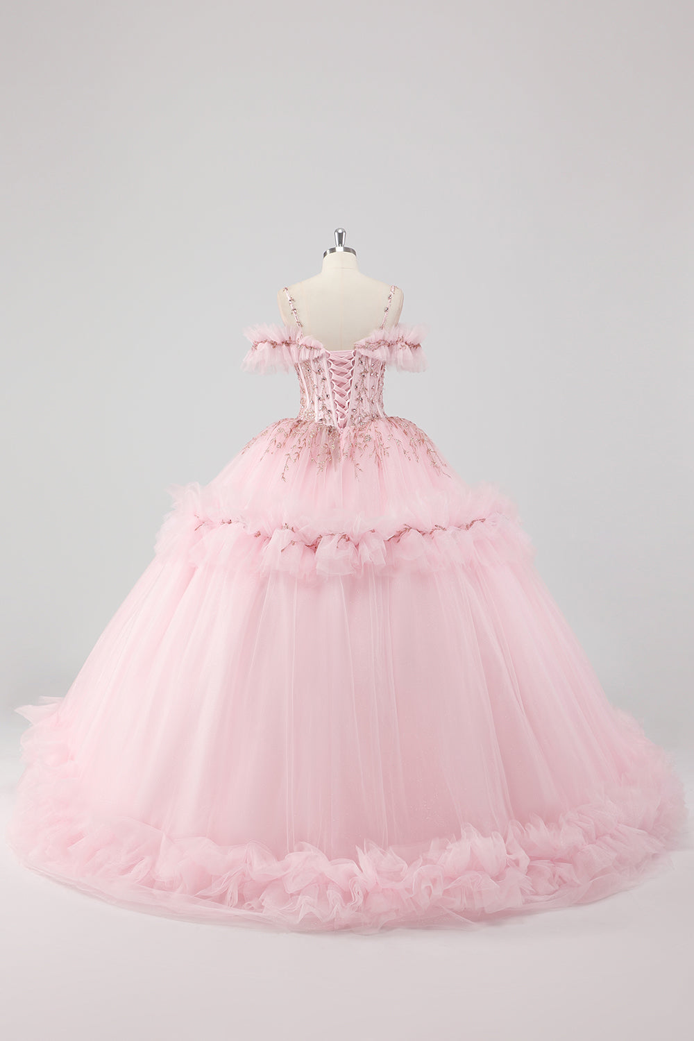 Blush Cold Shoulder Corset Ruffles Beaded Ball Gown Quinceañera Dress
