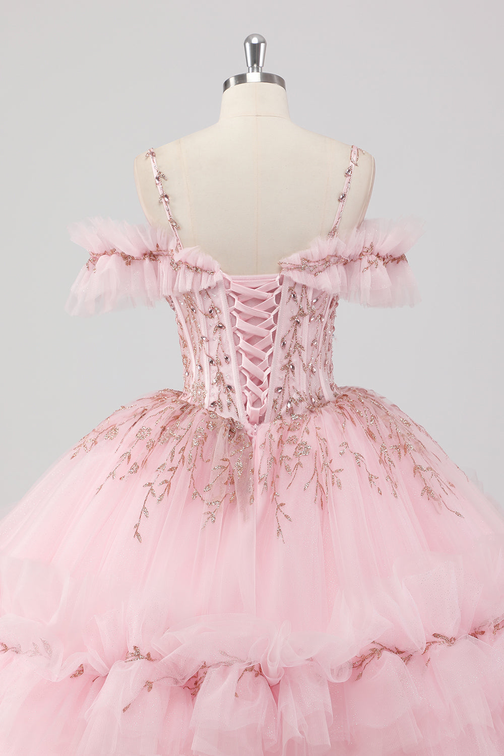 Blush Cold Shoulder Corset Ruffles Beaded Ball Gown Quinceañera Dress