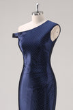 Navy One Shoulder Sheath Maxi Formal Dress with Rhinestones