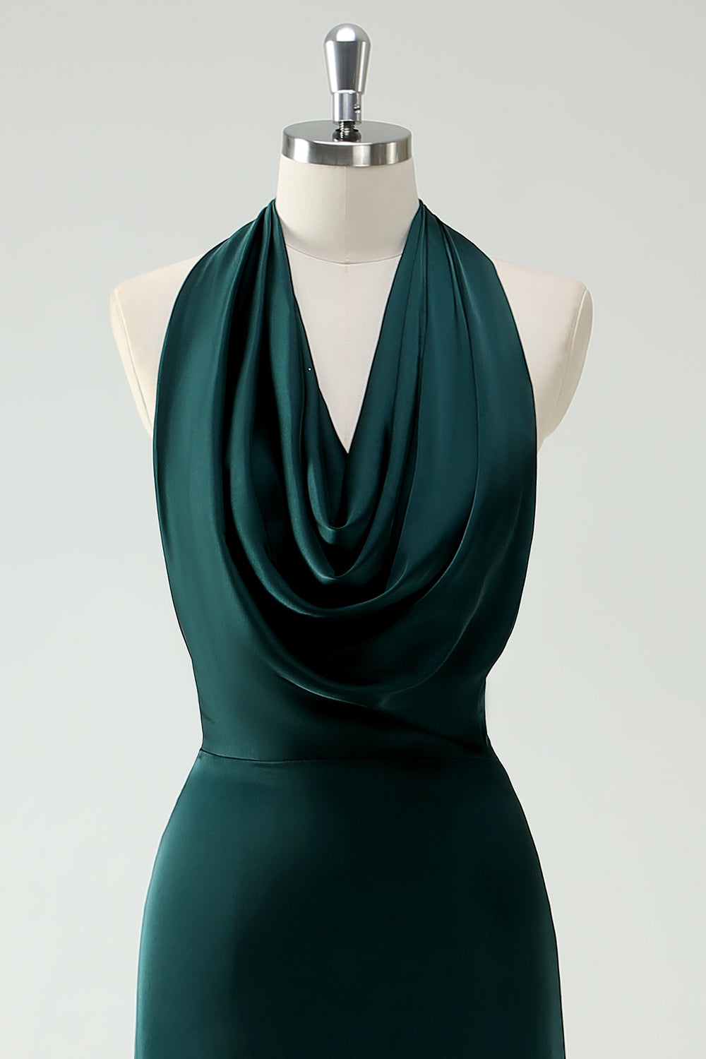 Cowl Neck Pine Satin Sheath Bridesmaid Dress with Slit