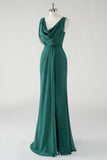 Chiffon Dark Green Cowl Neck Sheath Bridesmaid Dress with Slit
