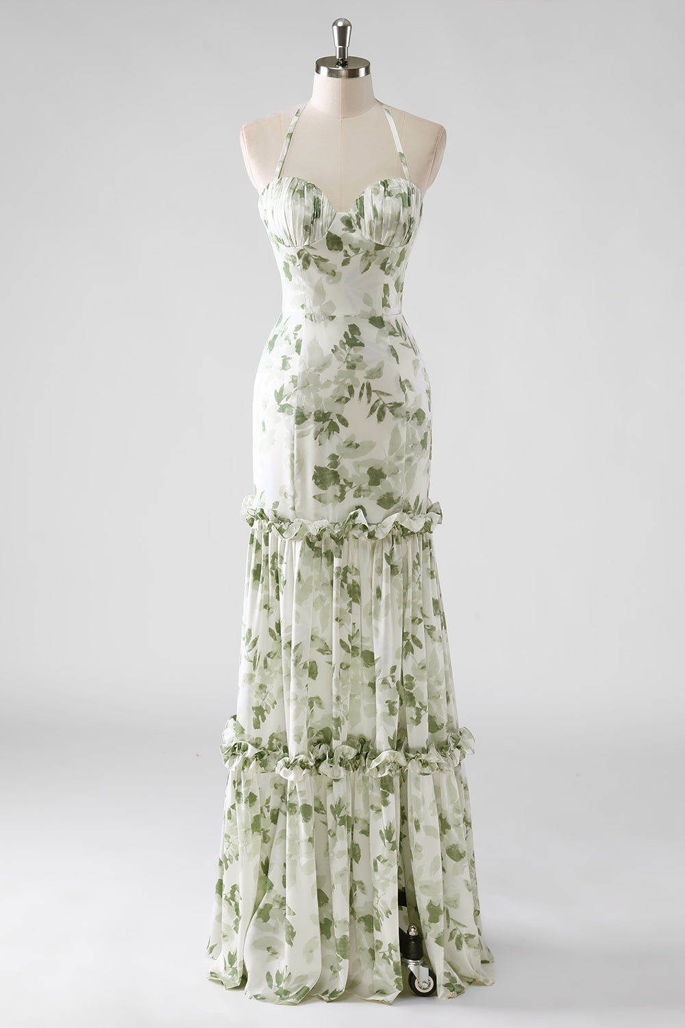 Halter Corset Green Floral Tiered Bridesmaid Dress with Slit