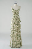 Spaghetti Straps Sage Floral Sheath Ruffled Bridesmaid Dress