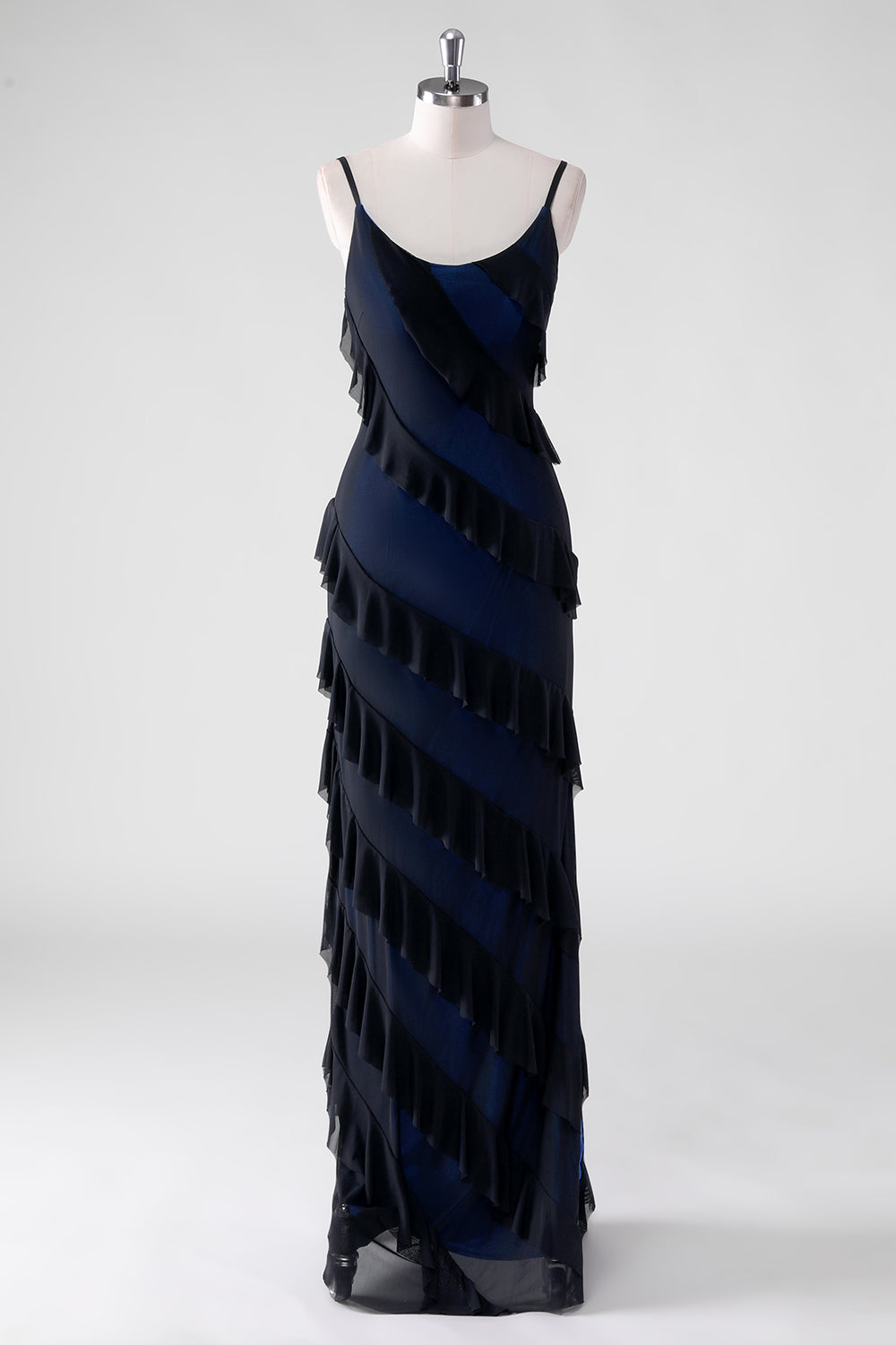Sheath Ruffled Black Blue Overlay Bridesmaid Dress with Slit