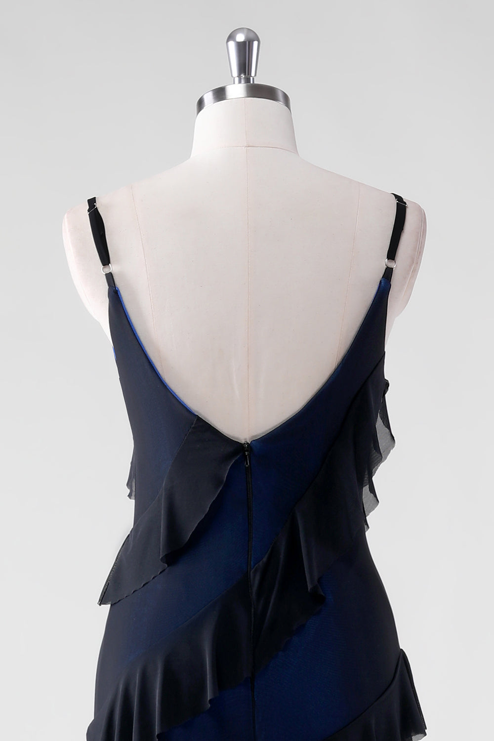 Sheath Ruffled Black Blue Overlay Bridesmaid Dress with Slit