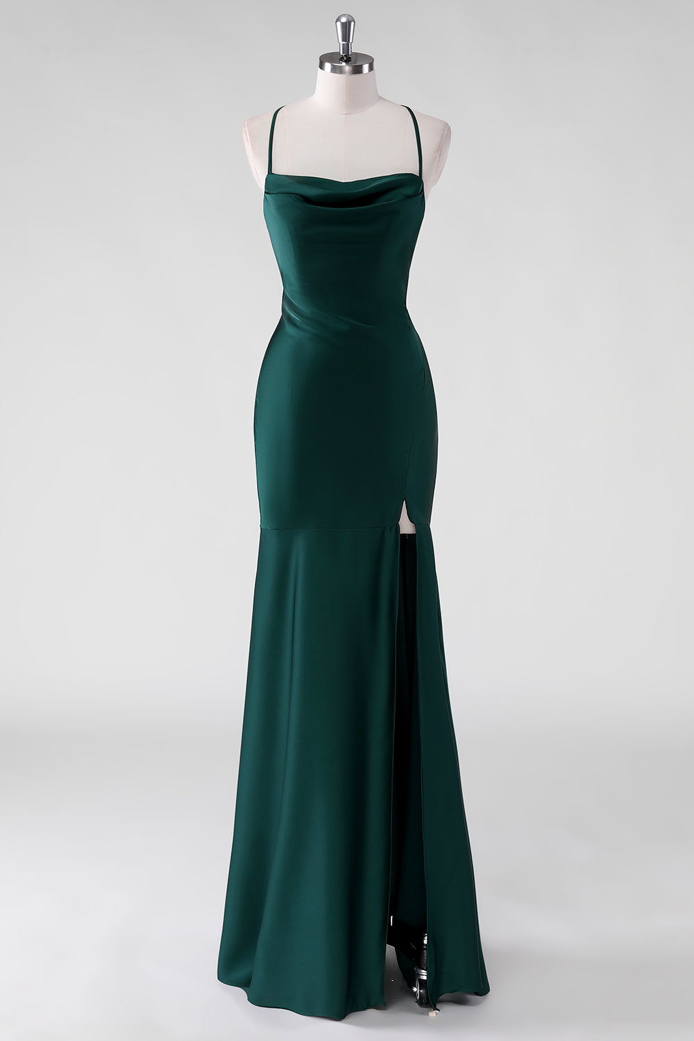 Pine Satin Sheath Spaghetti Straps Bridesmaid Dress with Slit