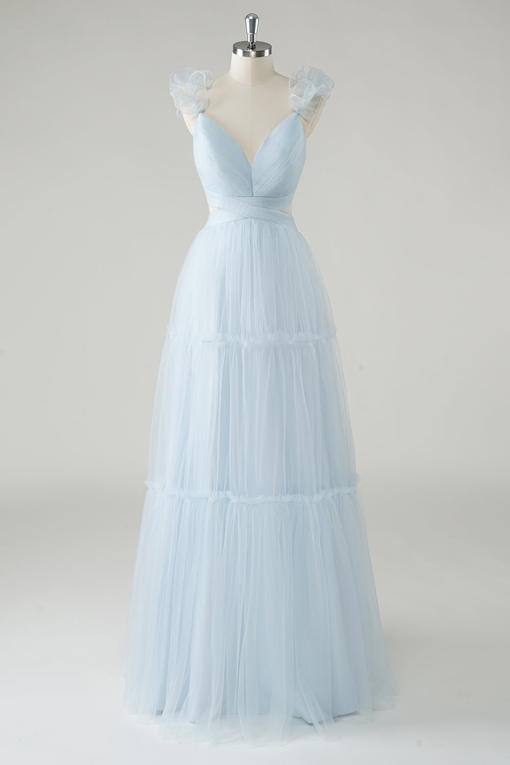 Sky Blue Tulle A-Line Cut Out Bridesmaid Dress with Ruffles