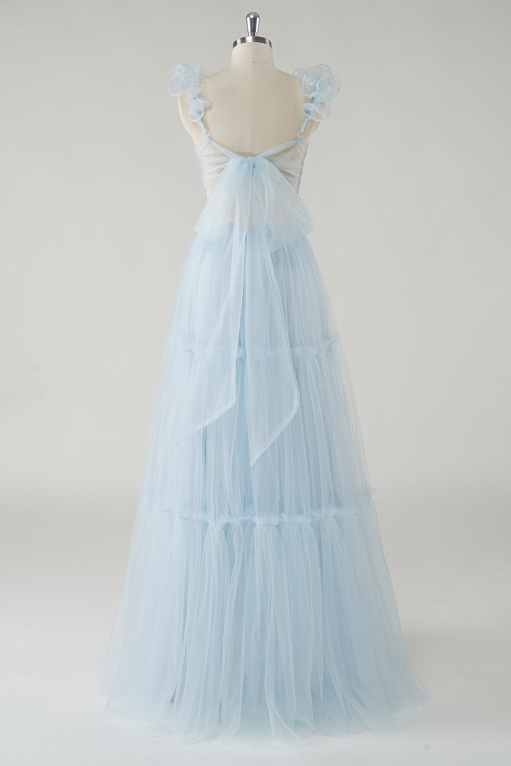 Sky Blue Tulle A-Line Cut Out Bridesmaid Dress with Ruffles