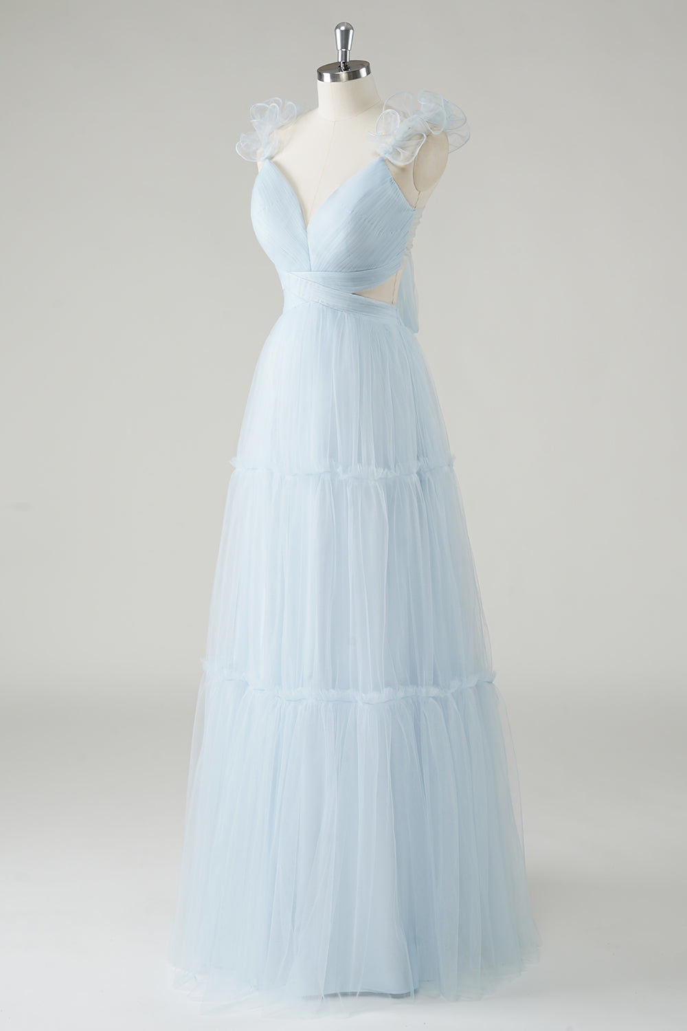 Sky Blue Tulle A-Line Cut Out Bridesmaid Dress with Ruffles