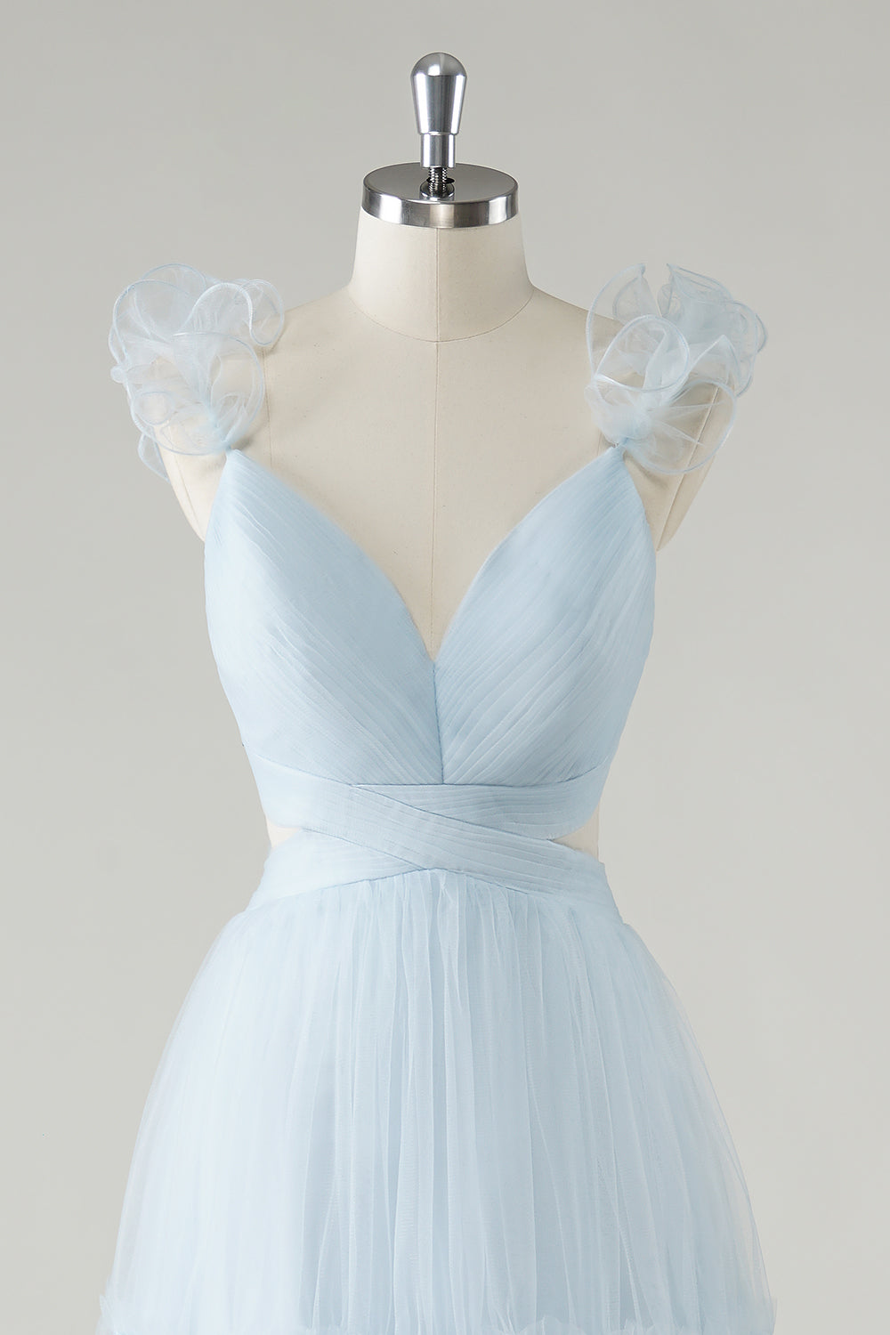 Sky Blue Tulle A-Line Cut Out Bridesmaid Dress with Ruffles