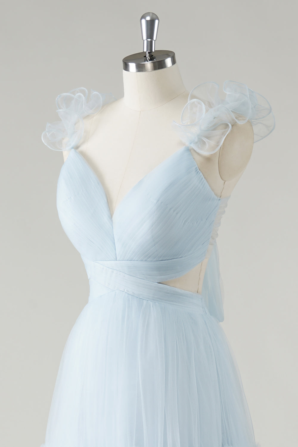 Sky Blue Tulle A-Line Cut Out Bridesmaid Dress with Ruffles