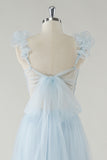 Sky Blue Tulle A-Line Cut Out Bridesmaid Dress with Ruffles