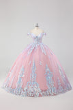 Blush Pink Cold Shoulder Corset Sequined Quinceañera Dress with Bow
