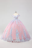 Blush Pink Cold Shoulder Corset Sequined Quinceañera Dress with Bow