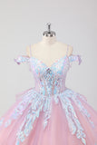 Blush Pink Cold Shoulder Corset Sequined Quinceañera Dress with Bow