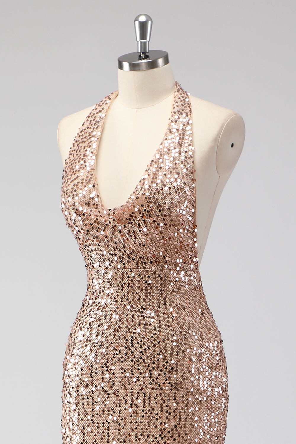 Sparkly Champagne Halter Sequined Mermaid Formal Dress