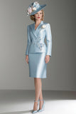 Satin Blue 2 Pieces Midi Mother of the Bride Dress Suit with Embroidery